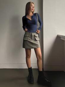 DAZY 半扣罗纹针织修身 T 恤，秋季服装长袖女式上衣