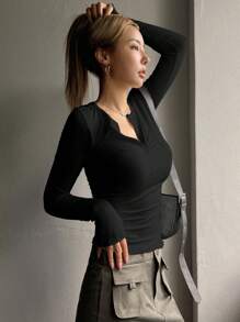 DAZY Solid Button Front Ribbed Knit Tee,Fall Clothes,Back To School Clothes Long Sleeve Women Tops - Black - View 3