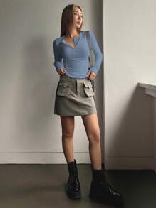 DAZY 半扣罗纹针织 T 恤，秋季服装长袖女式上衣 - 霧霾藍 - 查看 5