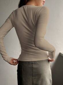 DAZY Camiseta de punto acanalado con botones a la mitad, ropa de otoño para mujer con manga larga - Caqui - Ver 2