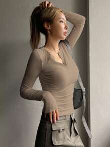 DAZY Camiseta de punto acanalado con botones a la mitad, ropa de otoño para mujer con manga larga - Caqui - Ver 5