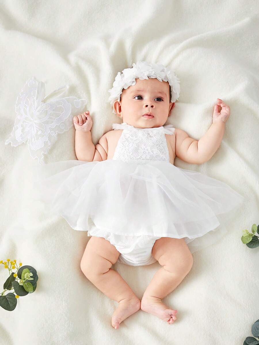SHEIN Newborn Baby Girl Solid Ruffle Trim Mesh  Dress & Butterfly Pattern Wing & Headband - White - View 1