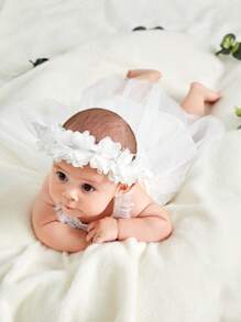 SHEIN Newborn Baby Girl Solid Ruffle Trim Mesh  Dress & Butterfly Pattern Wing & Headband - White - View 3
