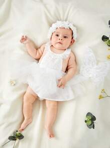 SHEIN Newborn Baby Girl Solid Ruffle Trim Mesh  Dress & Butterfly Pattern Wing & Headband - White - View 4