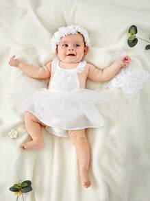 SHEIN Newborn Baby Girl Solid Ruffle Trim Mesh  Dress & Butterfly Pattern Wing & Headband - White - View 5