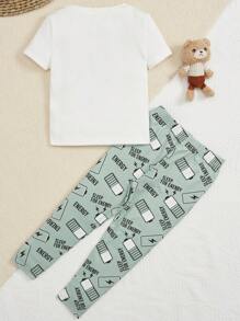 SHEIN 2pcs Young Boy Printed Round Neck Fitted Short Sleeve T-Shirt & Pants Homewear Set - Multicolor - View 2