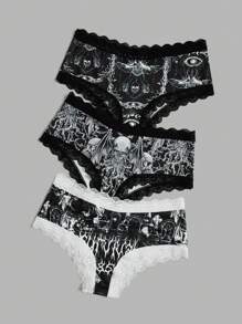 IamYouth Goth 3pack Skull Print Contrast Lace Panty Set - Multicolor - View 1