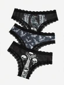 ROMWE Goth 3pack Skull Print Contrast Lace Brief - Black and White - View 1