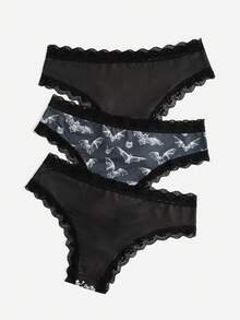 ROMWE Goth 3pack Skull Print Contrast Lace Brief - Black and White - View 2
