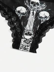 ROMWE Goth 3pack Skull Print Contrast Lace Brief - Black and White - View 3