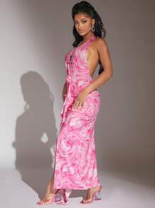 SHEIN SXY 大理石圖案後背繫帶高衩掛脖洋裝 - 彩色 - 查看 4