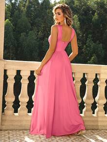 Joyfunear Solid Split Thigh Wrap Cross Backless Party Dress - Pink - View 2