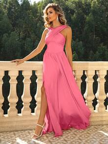 Joyfunear Solid Split Thigh Wrap Cross Backless Party Dress - Pink - View 3