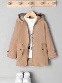 SHEIN Chàng trai trẻ Checkered Lót áo có mũ Chiều dài trung bình Lỏng lẻo Và Thoải mái áo - Màu Khaki - Xem 1