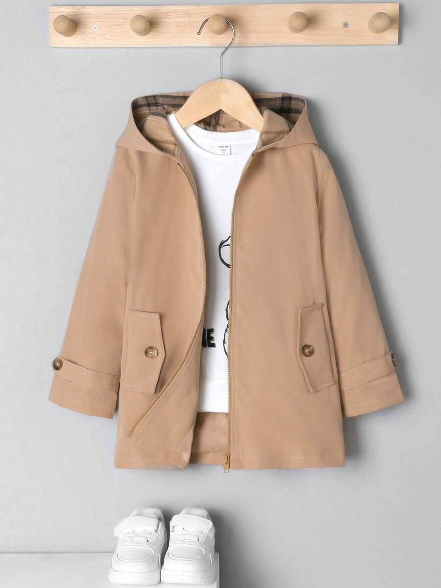 SHEIN Chàng trai trẻ Checkered Lót áo có mũ Chiều dài trung bình Lỏng lẻo Và Thoải mái áo - Màu Khaki - Xem 1