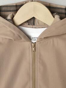 SHEIN Chàng trai trẻ Checkered Lót áo có mũ Chiều dài trung bình Lỏng lẻo Và Thoải mái áo - Màu Khaki - Xem 5