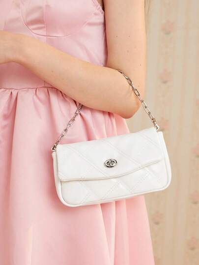 SHEIN MOD 幾何樣式壓制質感紋理鏈條裝飾時髦翻蓋斜挎包