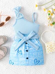 SHEIN 女小童不對稱領上衣和愛心和字母圖案腰帶半身裙 - 淺藍色 - 查看 1