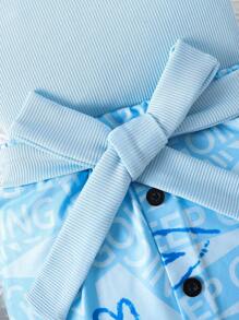 SHEIN 女小童不對稱領上衣和愛心和字母圖案腰帶半身裙 - 淺藍色 - 查看 5