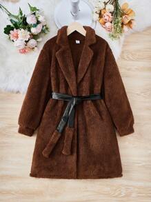 SHEIN Tween Girl Lapel Neck Belted Teddy Coat - Chocolate Brown - View 1