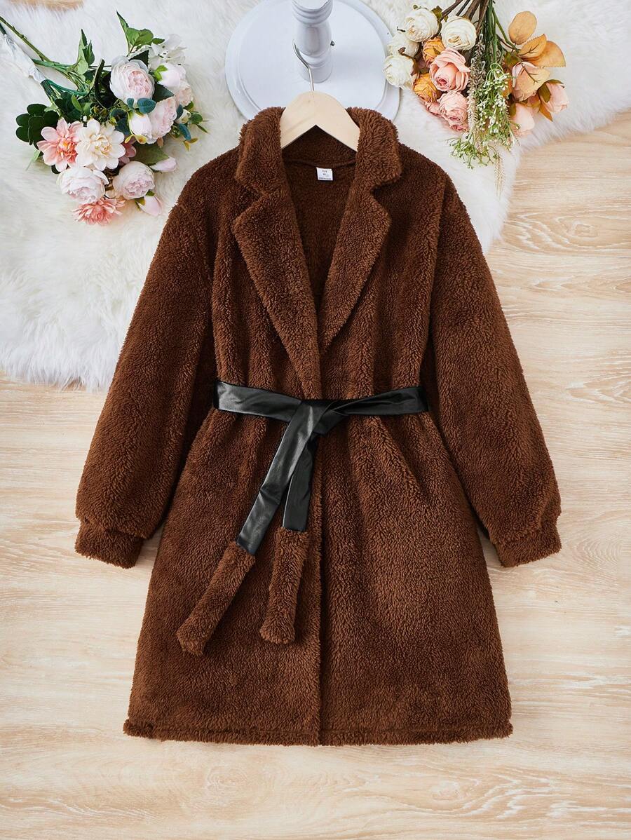 SHEIN Tween Girl Lapel Neck Belted Teddy Coat - Chocolate Brown - View 1