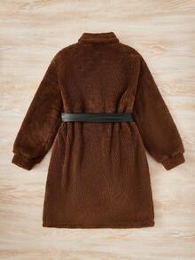 SHEIN Tween Girl Lapel Neck Belted Teddy Coat - Chocolate Brown - View 2