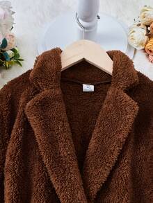 SHEIN Tween Girl Lapel Neck Belted Teddy Coat - Chocolate Brown - View 3