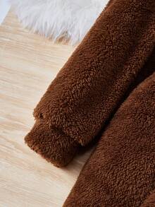 SHEIN Tween Girl Lapel Neck Belted Teddy Coat - Chocolate Brown - View 4