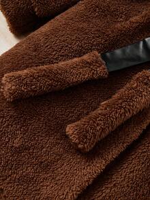 SHEIN Tween Girl Lapel Neck Belted Teddy Coat - Chocolate Brown - View 5