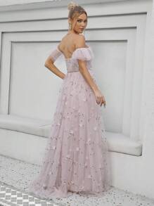 1 chiếc váy cưới chữ A thêu ren cổ trái tim thanh lịch phía trước - Màu Hồng baby - Xem 2