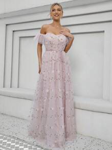 1 chiếc váy cưới chữ A thêu ren cổ trái tim thanh lịch phía trước - Màu Hồng baby - Xem 5