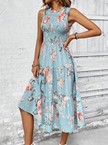 EMERY ROSE Floral Print Ruffle Hem Dress Maxi Women Outfit - Blue - View 3