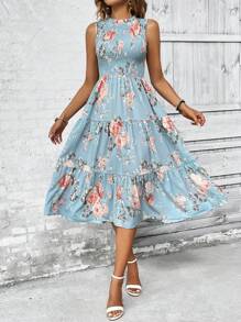 EMERY ROSE Floral Print Ruffle Hem Dress Maxi Women Outfit - Blue - View 4
