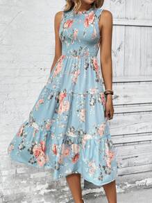 EMERY ROSE Floral Print Ruffle Hem Dress Maxi Women Outfit - Blue - View 5