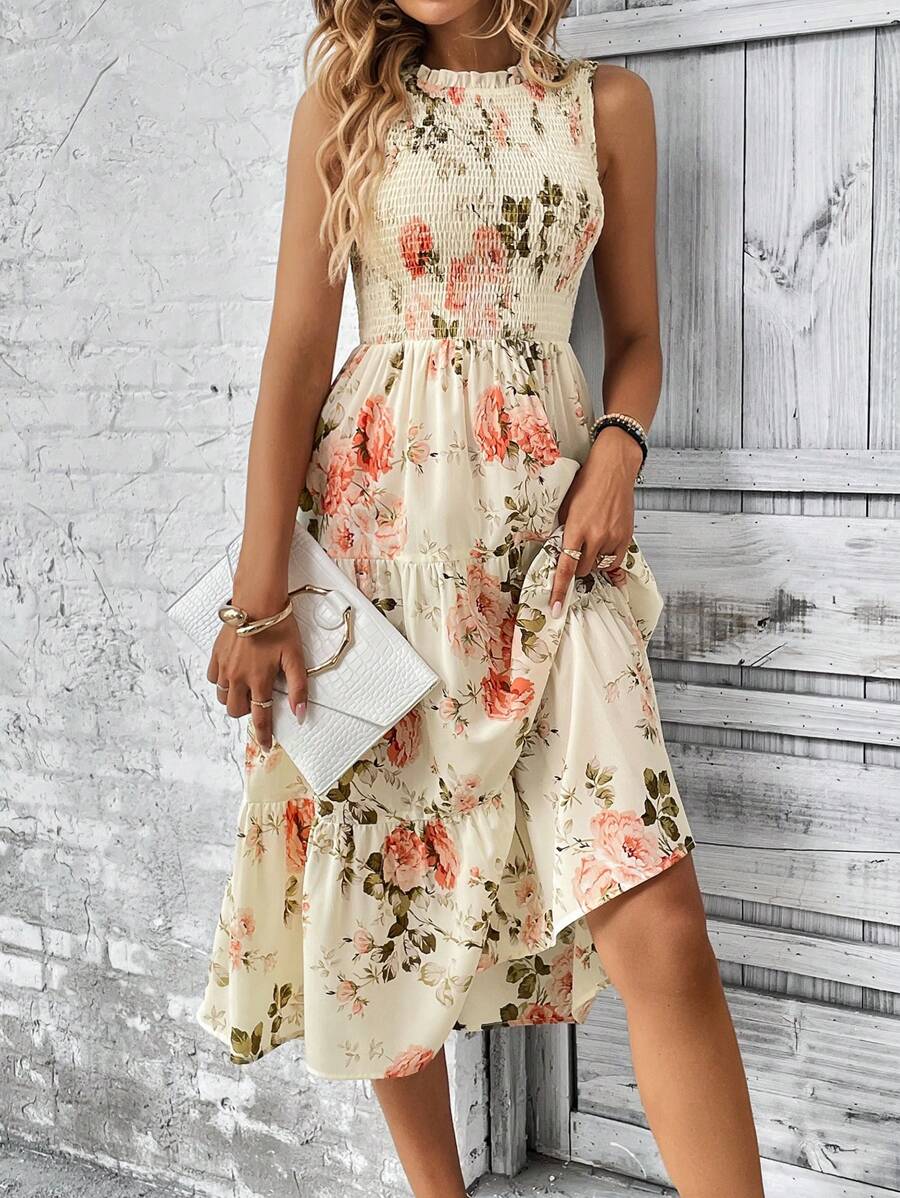 EMERY ROSE Floral Print Ruffle Hem Dress Maxi Women Outfit - Apricot - View 1