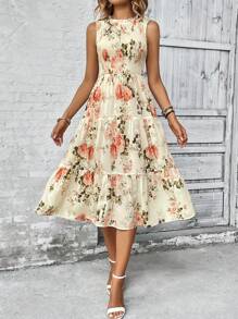 EMERY ROSE Floral Print Ruffle Hem Dress Maxi Women Outfit - Apricot - View 3