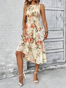 EMERY ROSE Floral Print Ruffle Hem Dress Maxi Women Outfit - Apricot - View 4