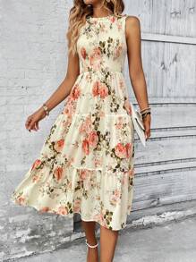 EMERY ROSE Floral Print Ruffle Hem Dress Maxi Women Outfit - Apricot - View 6