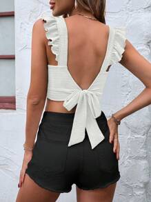 SHEIN VCAY Tie Backless Ruffle Trim Crop Top - White - View 1