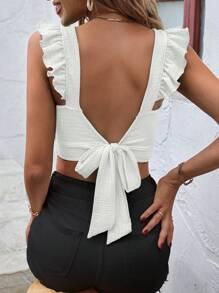 SHEIN VCAY Tie Backless Ruffle Trim Crop Top - White - View 4