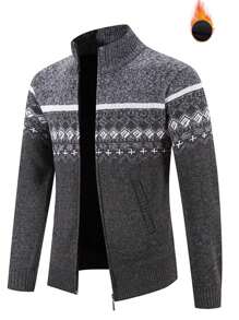 男士几何图案拉链开衫，透气抗菌 - 黑色 - 查看 1