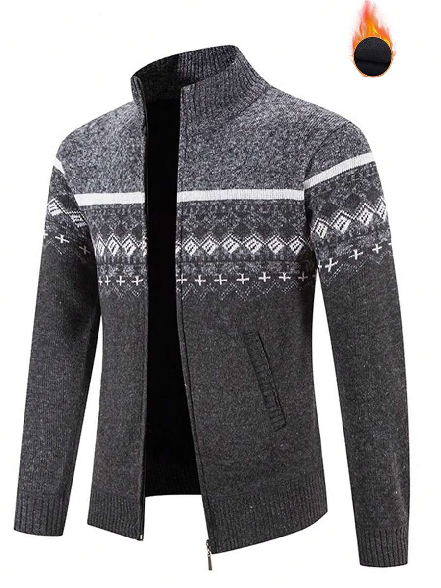 男士几何图案拉链开衫，透气抗菌 - 黑色 - 查看 1