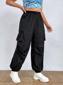 SHEIN EZwear 大碼側翻蓋口袋工裝褲 - 黑色 - 查看 1