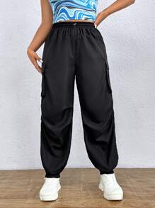 SHEIN EZwear 大碼側翻蓋口袋工裝褲 - 黑色 - 查看 4