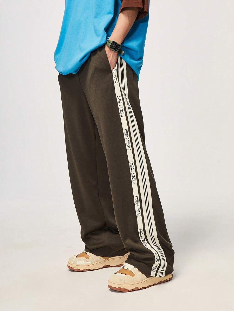 INFLATION Men Letter Graphic Contrast Side Seam Pants - Dark Grey - View 1