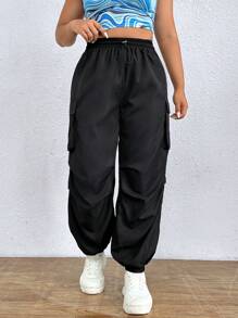 SHEIN EZwear 大碼側翻蓋口袋工裝褲 - 黑色 - 查看 5