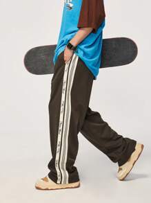 INFLATION Men Letter Graphic Contrast Side Seam Pants - Dark Grey - View 3