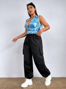 SHEIN EZwear 大碼側翻蓋口袋工裝褲 - 黑色 - 查看 6