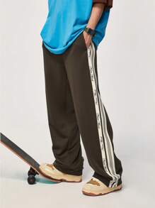 INFLATION Men Letter Graphic Contrast Side Seam Pants - Dark Grey - View 4