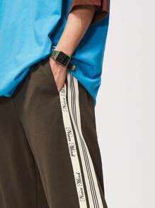 INFLATION Men Letter Graphic Contrast Side Seam Pants - Dark Grey - View 5